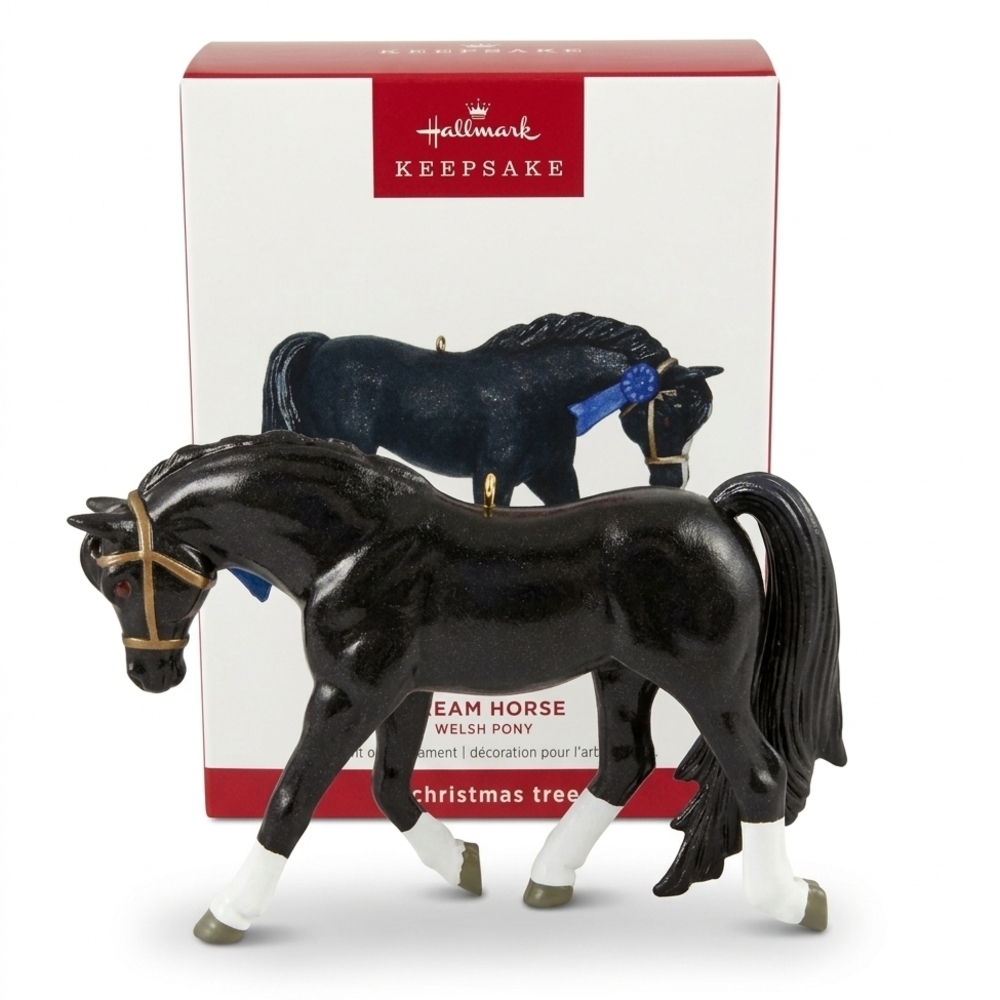 Hallmark Black Welsh Pony Ornament with Blue Ribbon